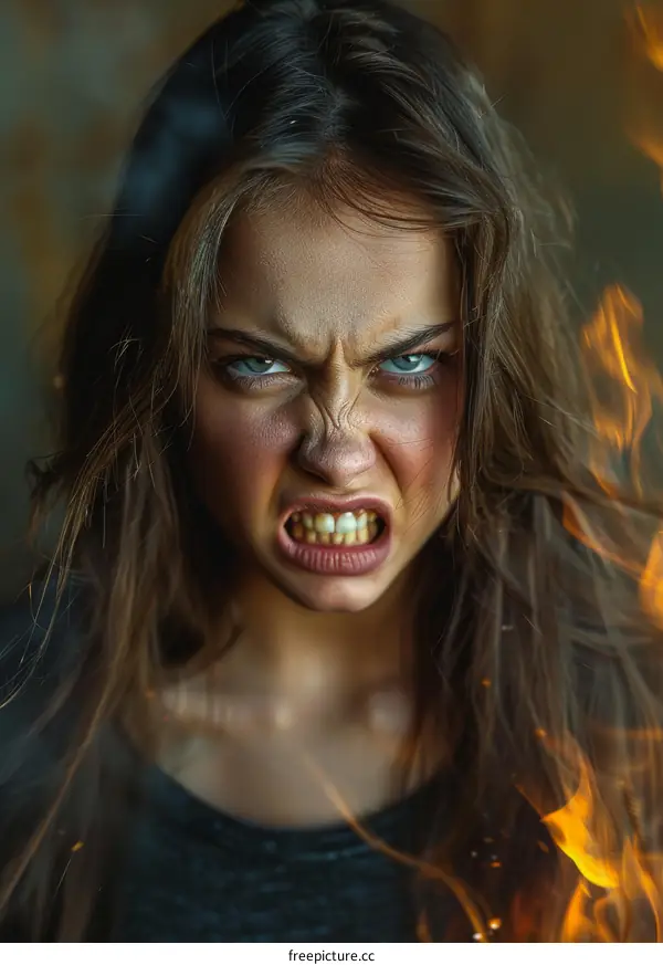 Angry Woman Portrait in Fiery Setting