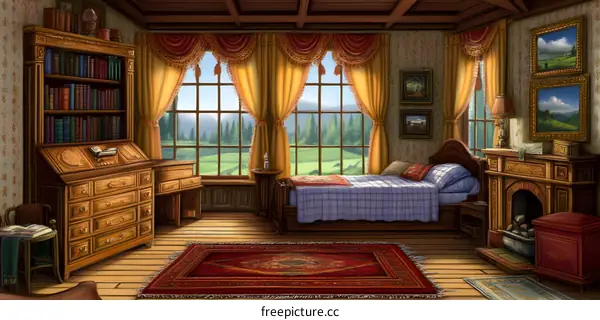 Vintage Bedroom With Fireplace and Window View