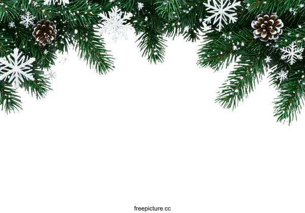 [Transparent Background PNG]Christmas Fir Branches with Snowflakes and Pine Cones Border