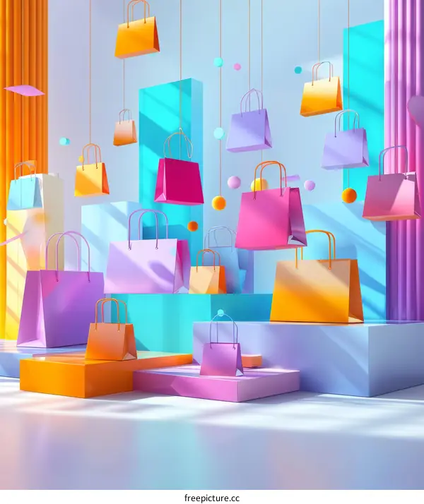 Colorful 3D Shopping Bags on Podiums
