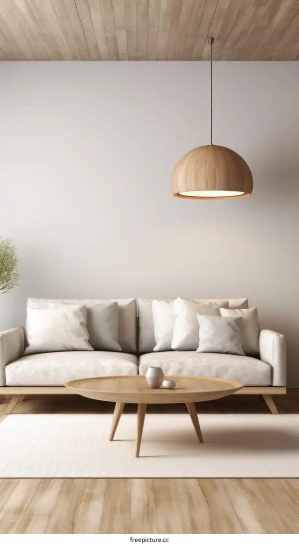 Bright wood living room interior with comfy sofa and round coffee table