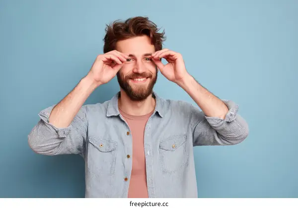 Smiling Man in Light Blue Denim Shirt Against Light Blue Background