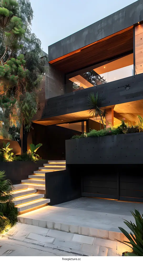 Modern Home Exterior With Black Concrete And Wooden Accents