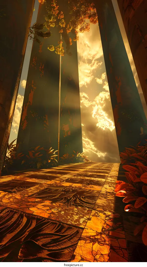 Golden Sunbeams Through Ancient Pillars