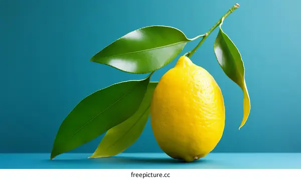 Single Lemon with Leaves on Vibrant Blue Background