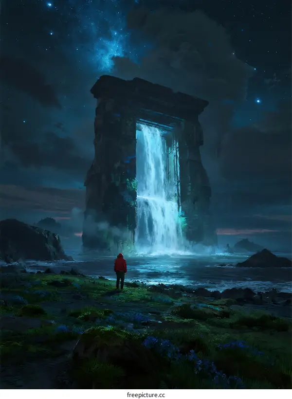 Mysterious Ancient Gateway with Flowing Waterfall Under Starry Night