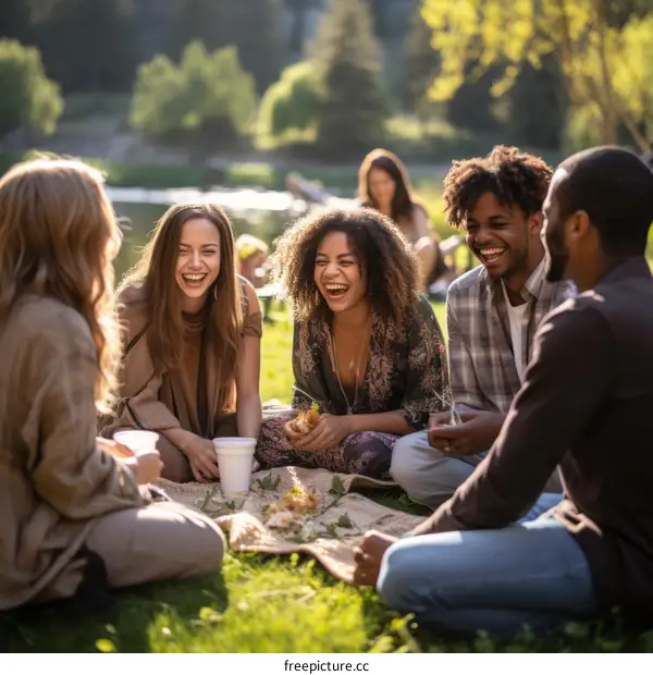 A group of diverse friends laughing and enjoying a picnic in the park