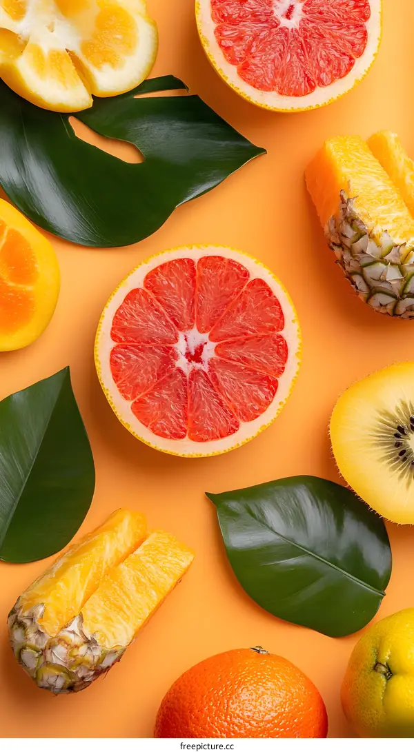 Fresh Tropical Fruits with Green Leaves on Orange Background
