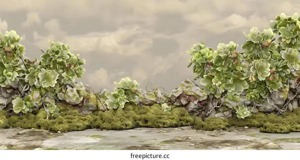 Green Plants and Rocks with Cloudy Sky Background