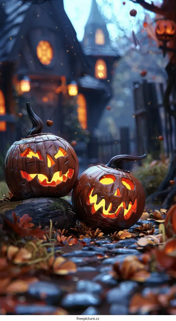 Halloween Jack-o'-Lanterns on a Rock in Front of a Spooky House