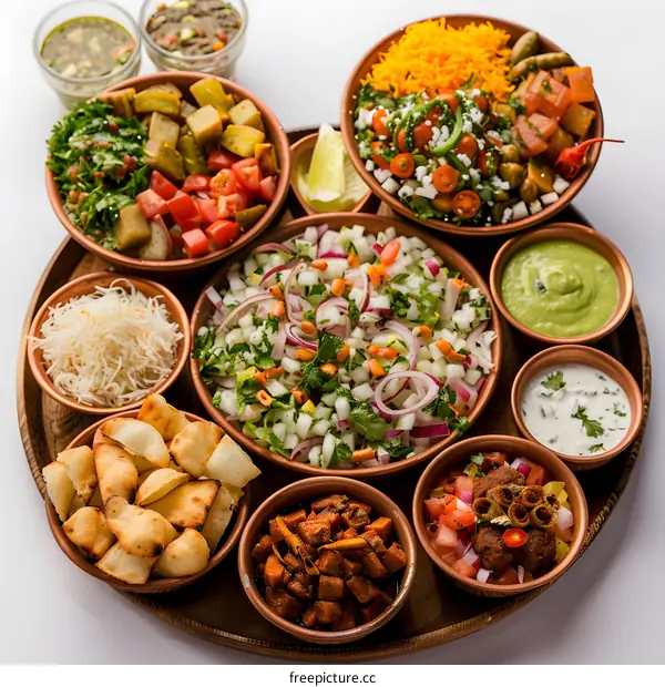 A variety of Indian food in bowls on a wooden tray