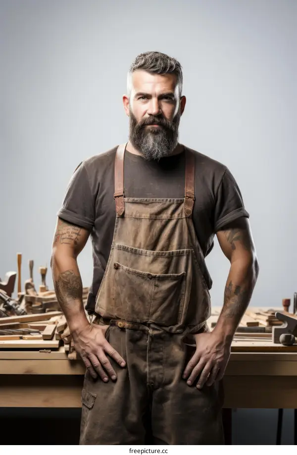 Bearded man in work clothes standing in a workshop