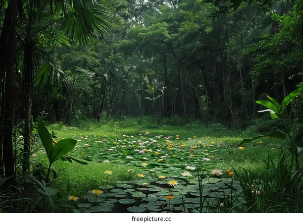 Lush Green Jungle Foliage with Water Lilies