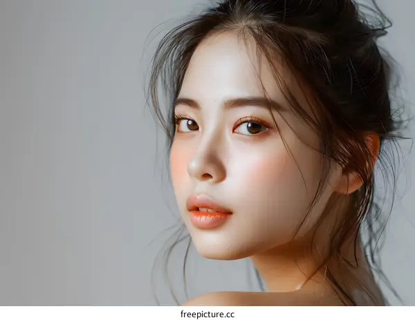 Beautiful Asian Woman with Long Hair Posing Against Grey Background