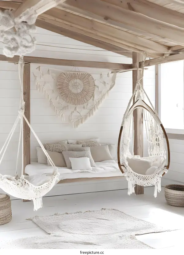 Bohemian Style Bedroom Interior Design With Hanging Macrame Chair and Bed