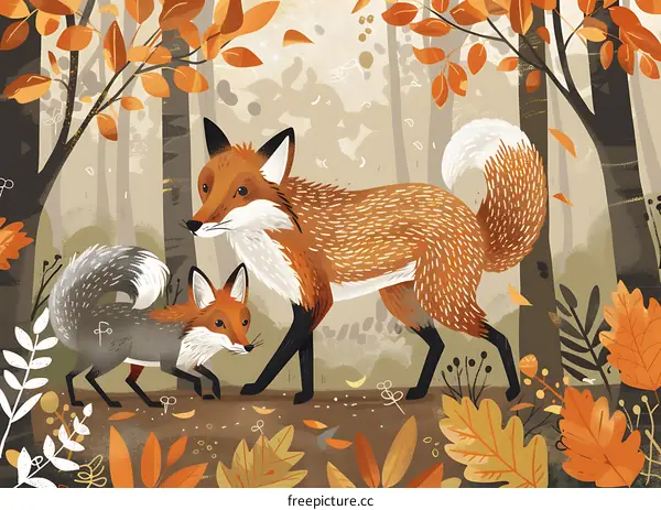 Autumn Forest With Two Foxes Illustration