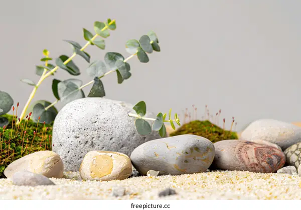 Closeup of Stones, Moss, and Eucalyptus Branches on Sand