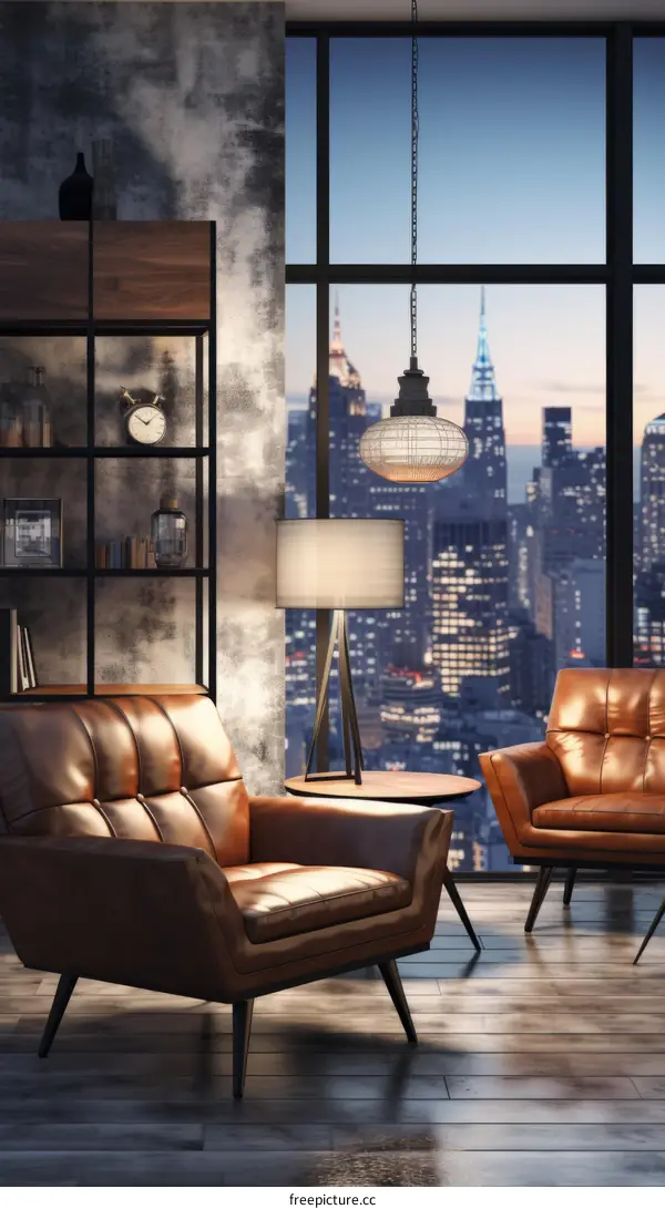 A modern living room with a city view