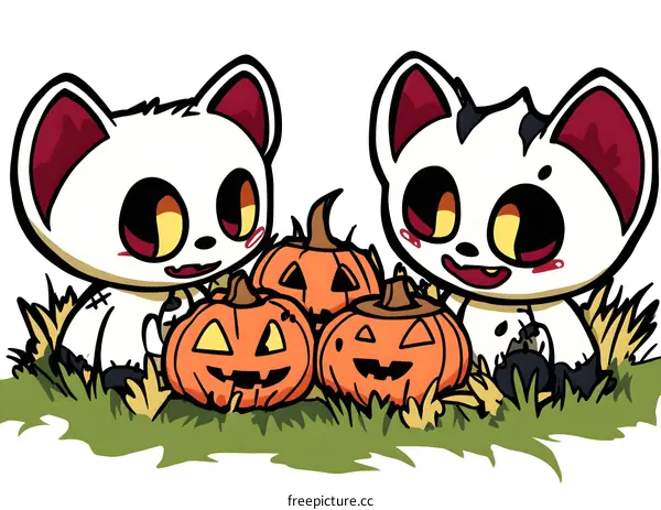 Cute Cartoon White Cats with Pumpkins for Halloween