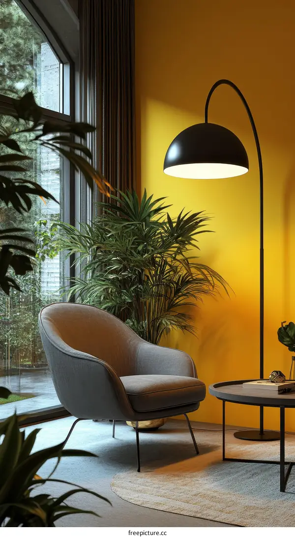 Modern Living Room with Yellow Accent Wall