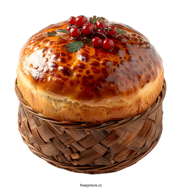 [Transparent Background PNG]Round loaf of bread with berries in a wicker basket