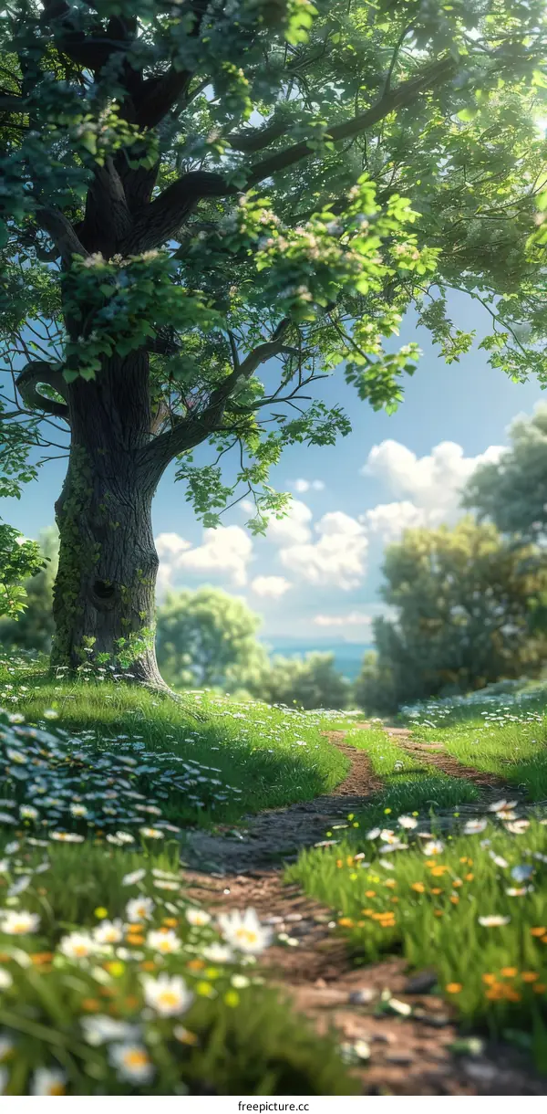 Enchanted Forest Path amidst Vibrant Flowers and Towering Tree