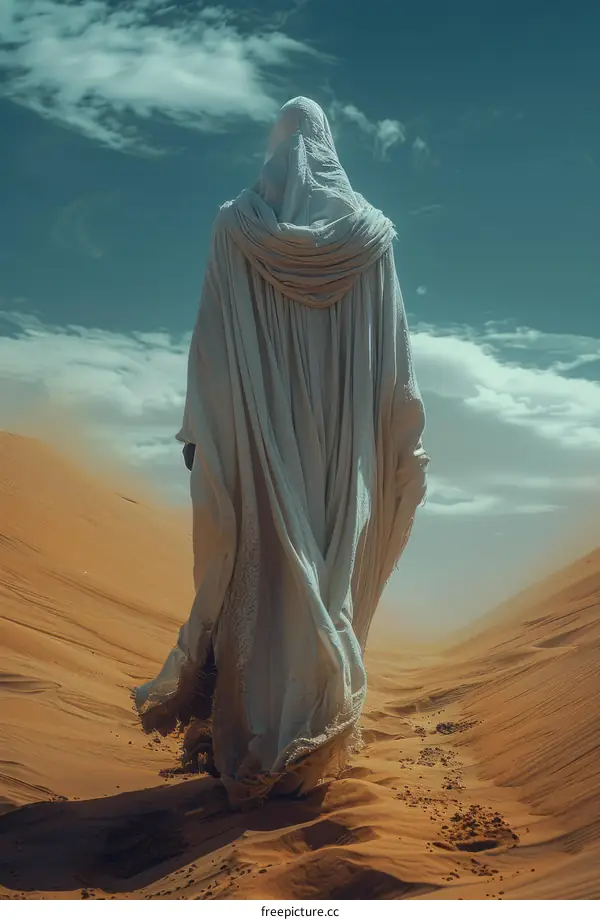A figure in a white robe walks through the desert