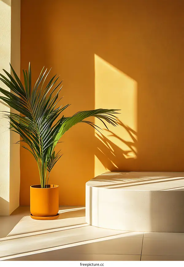 Minimalist Yellow Wall with Palm Plant and Round Platform