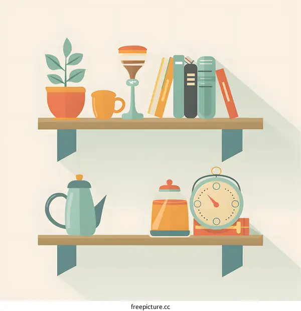 Flat Style Illustration of Shelf With Home Decor Objects