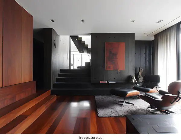 Modern Living Room with Black Walls and Wooden Floor