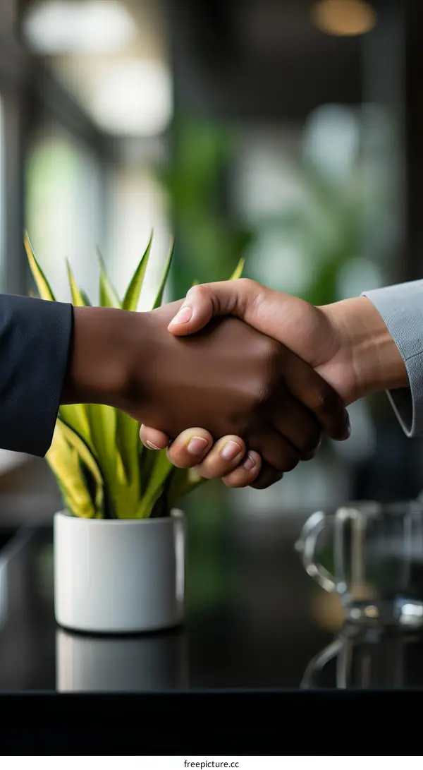 Business handshake between African American and Caucasian businesspeople