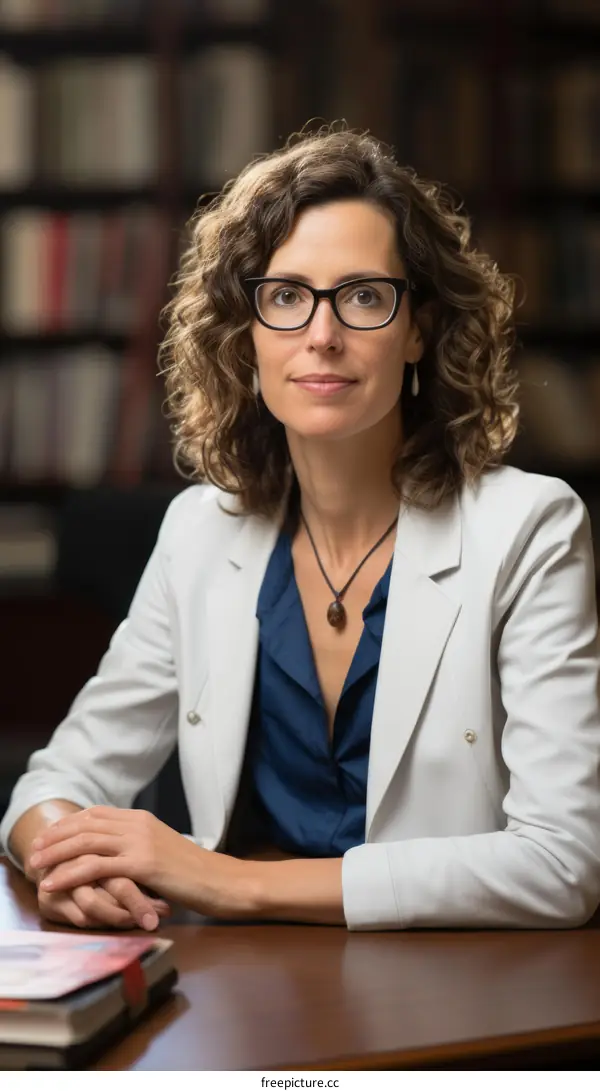 Portrait of a young woman with curly hair wearing glasses and a white blazer