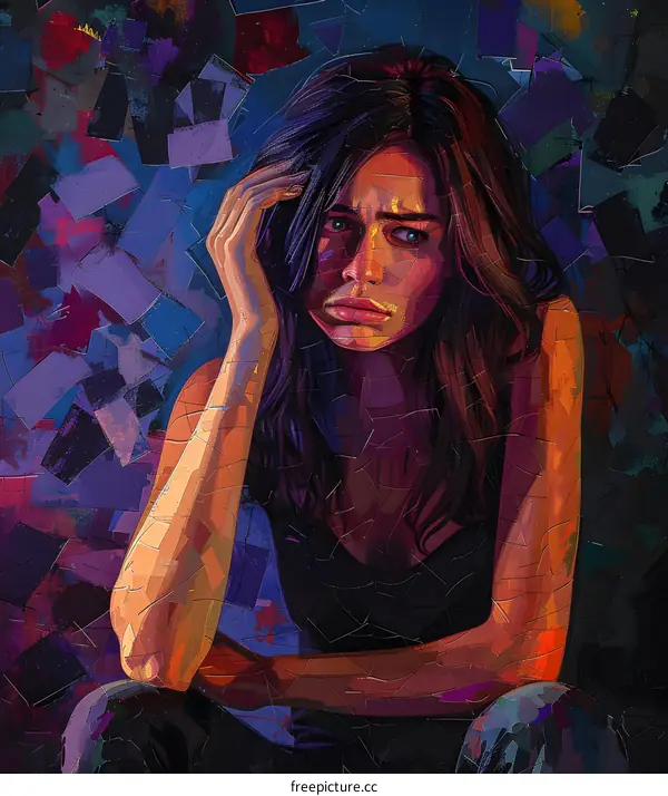 A portrait of a crying woman with dark hair and purple background