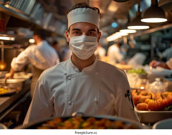 Portrait of a male chef wearing a mask in a commercial kitchen