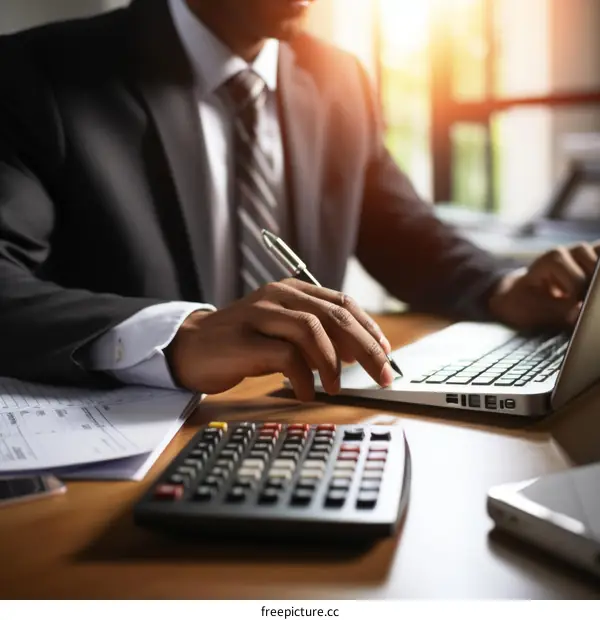Businessman working on laptop and calculator