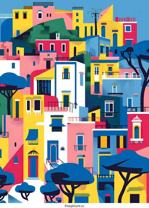 Colorful Illustration of a Town with Buildings and Trees
