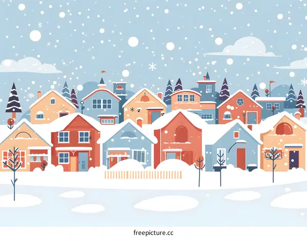 Winter Village Landscape With Snow Covered Houses Illustration