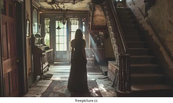 Woman standing in a haunted house