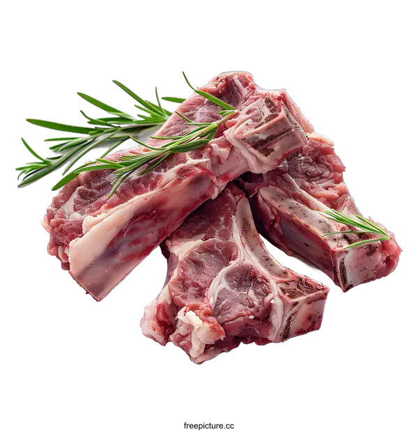 [Transparent Background PNG]Three pieces of raw lamb chops with rosemary