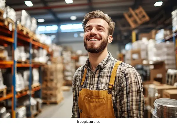 Happy Warehouse Worker in Industrial Setting