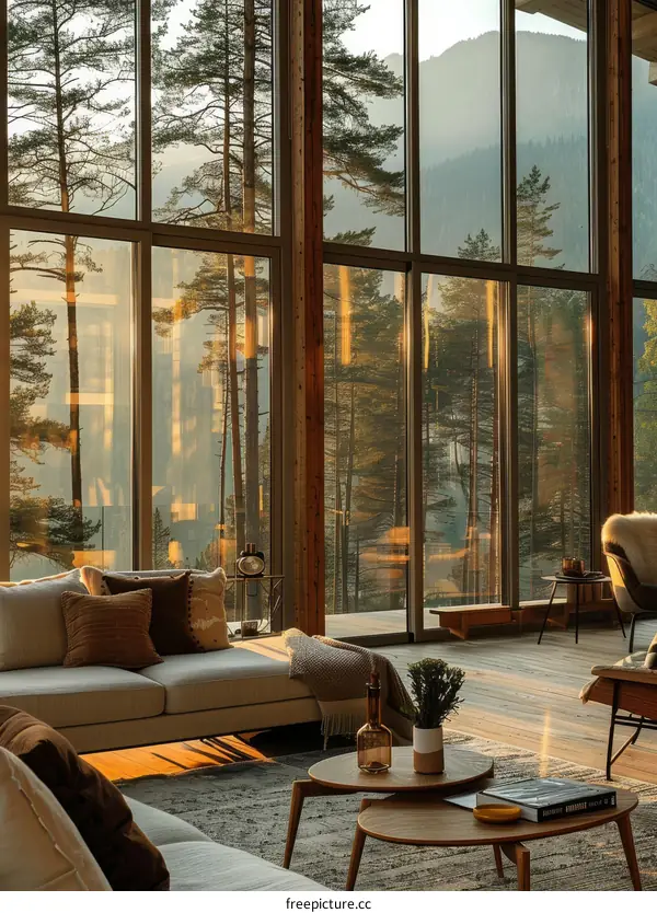 Modern house with large glass windows and a beautiful forest view