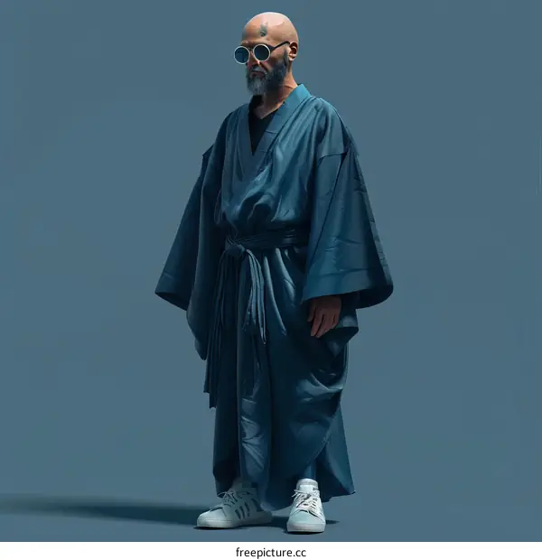 Portrait of a cool bald Asian man with beard wearing blue kimono and sneakers