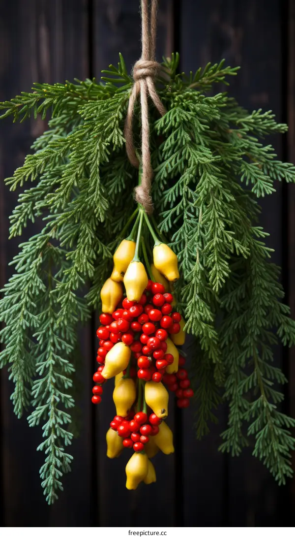 A beautiful bouquet of greenery and red and yellow berries.