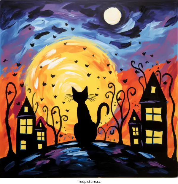 A black cat sits on a hilltop overlooking a town with a large moon in the background