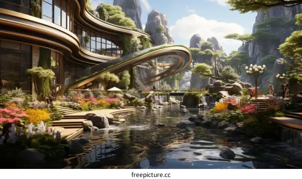 Modern Mountain Home with Green Roof and Curved Balcony