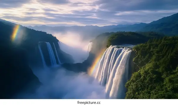 Majestic Waterfall Landscape with Double Rainbow