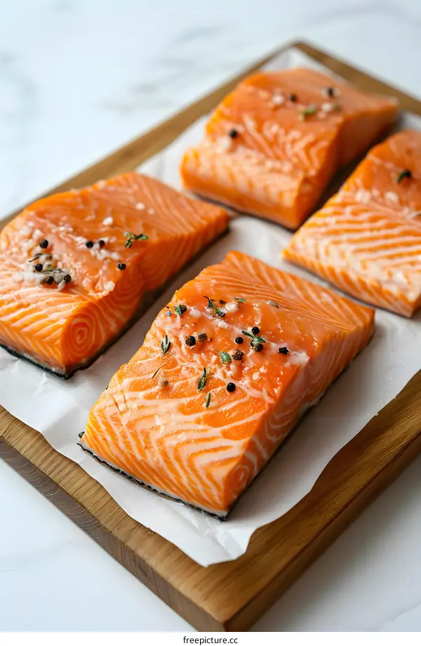 Four pieces of raw salmon fillet on a wooden board