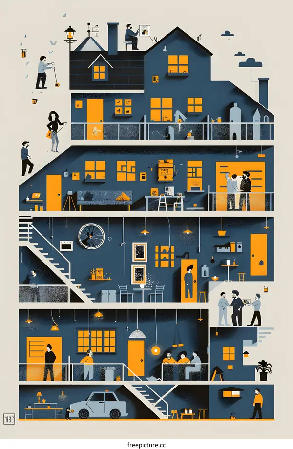 Cross Section of a Modern House with People