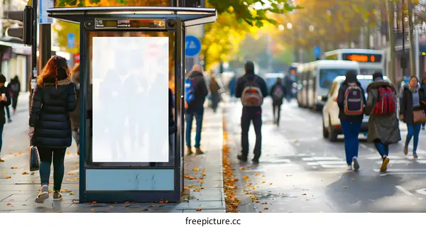 Blank Billboard  In Busy Street,  People Walking on Sidewalk