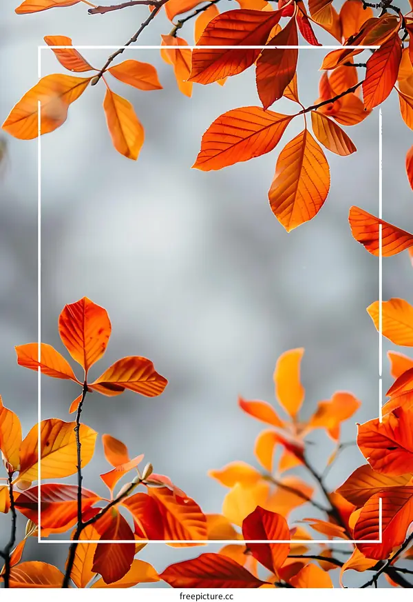 Orange Leaves Frame with White Border for Fall Backgrounds